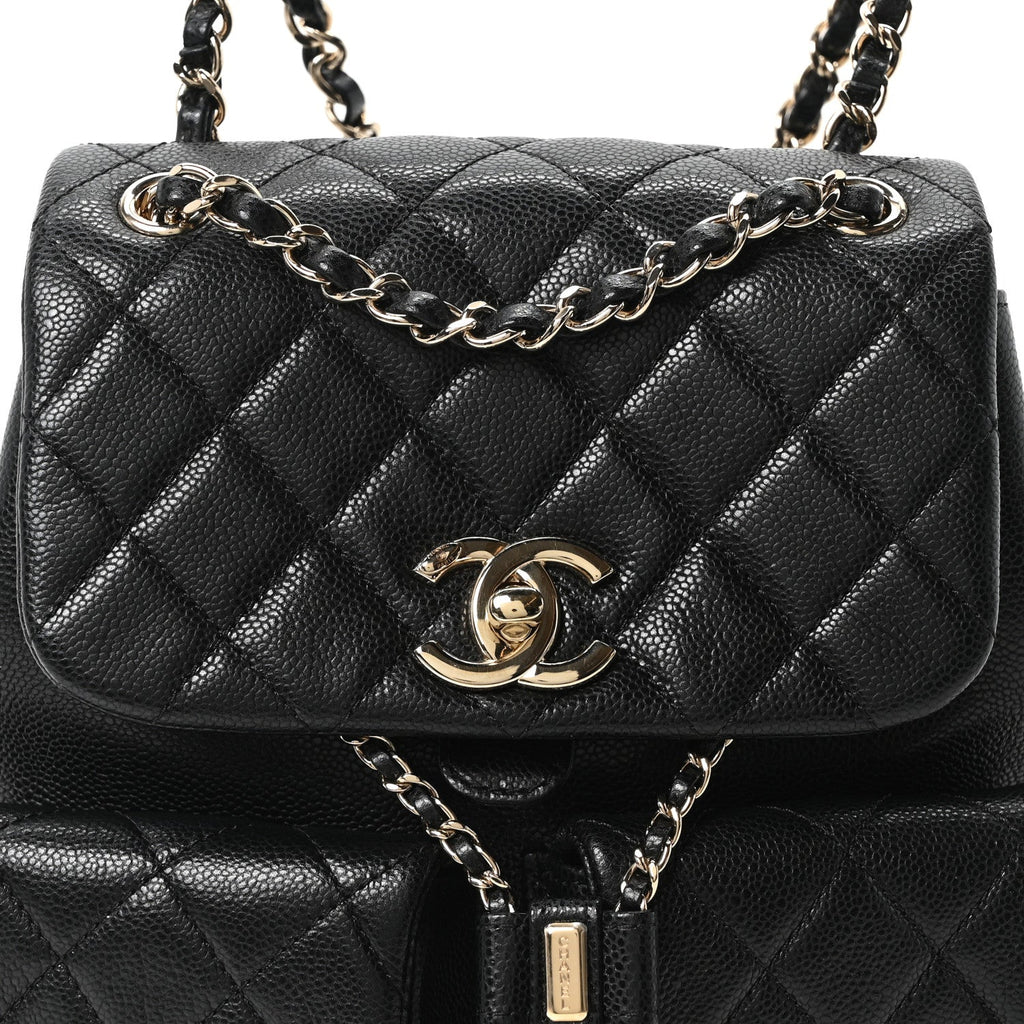 Shiny Caviar Quilted Medium Duma Pockets Drawstring Backpack Black