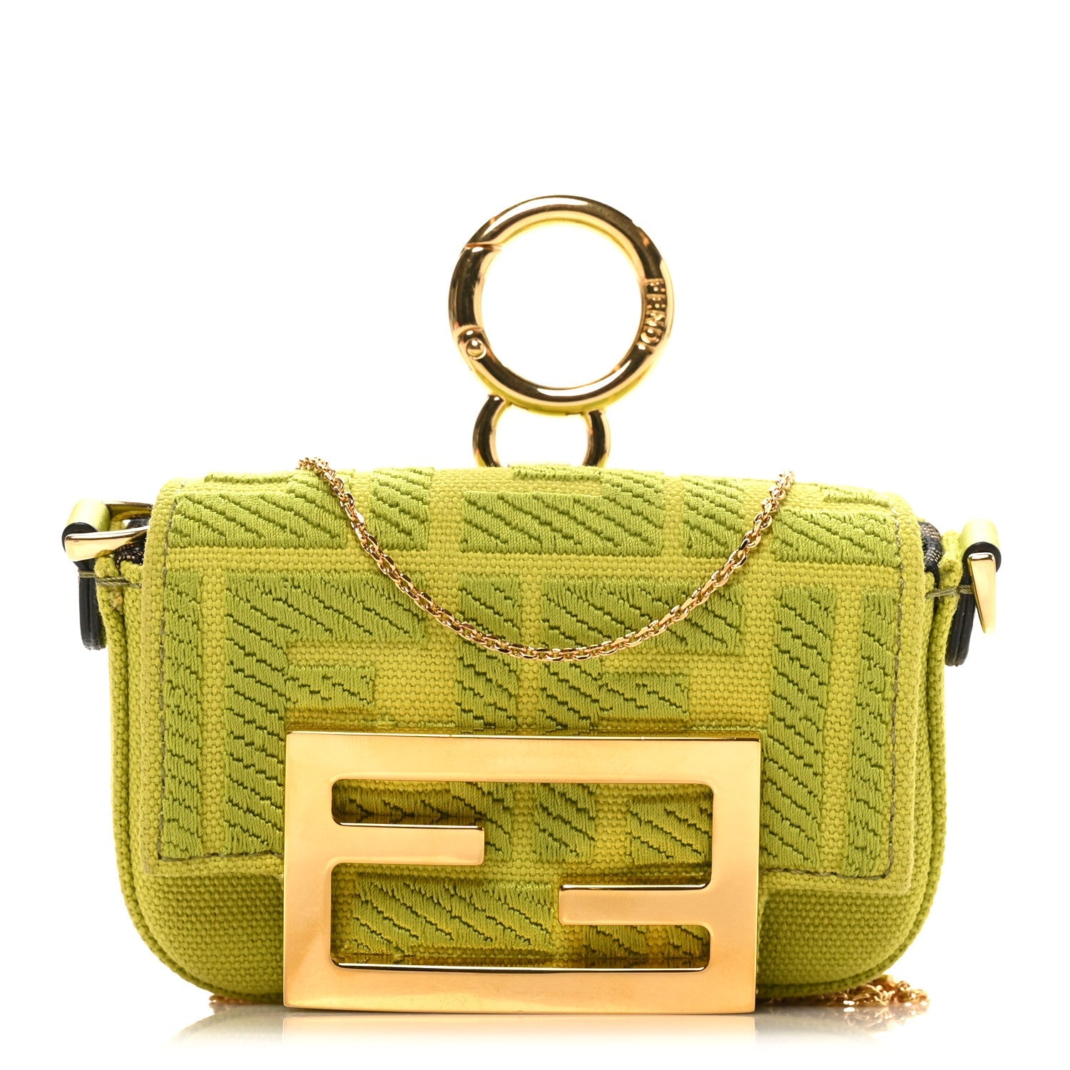 Canvas Vitello King FF Embroidered Nano Maxi Buckle Baguette Charm Wasabi