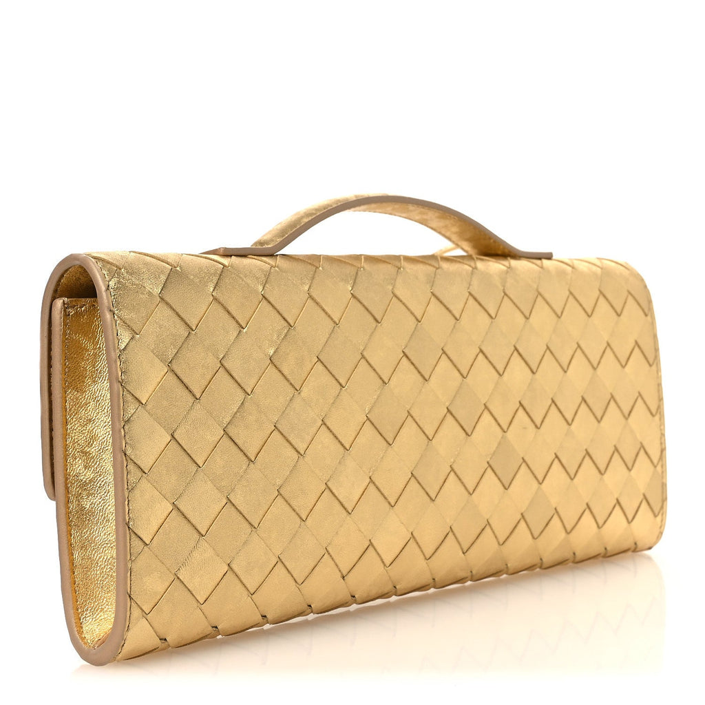 Metallic Satin Lambskin Intrecciato Long Andiamo Top Handle Clutch Gold