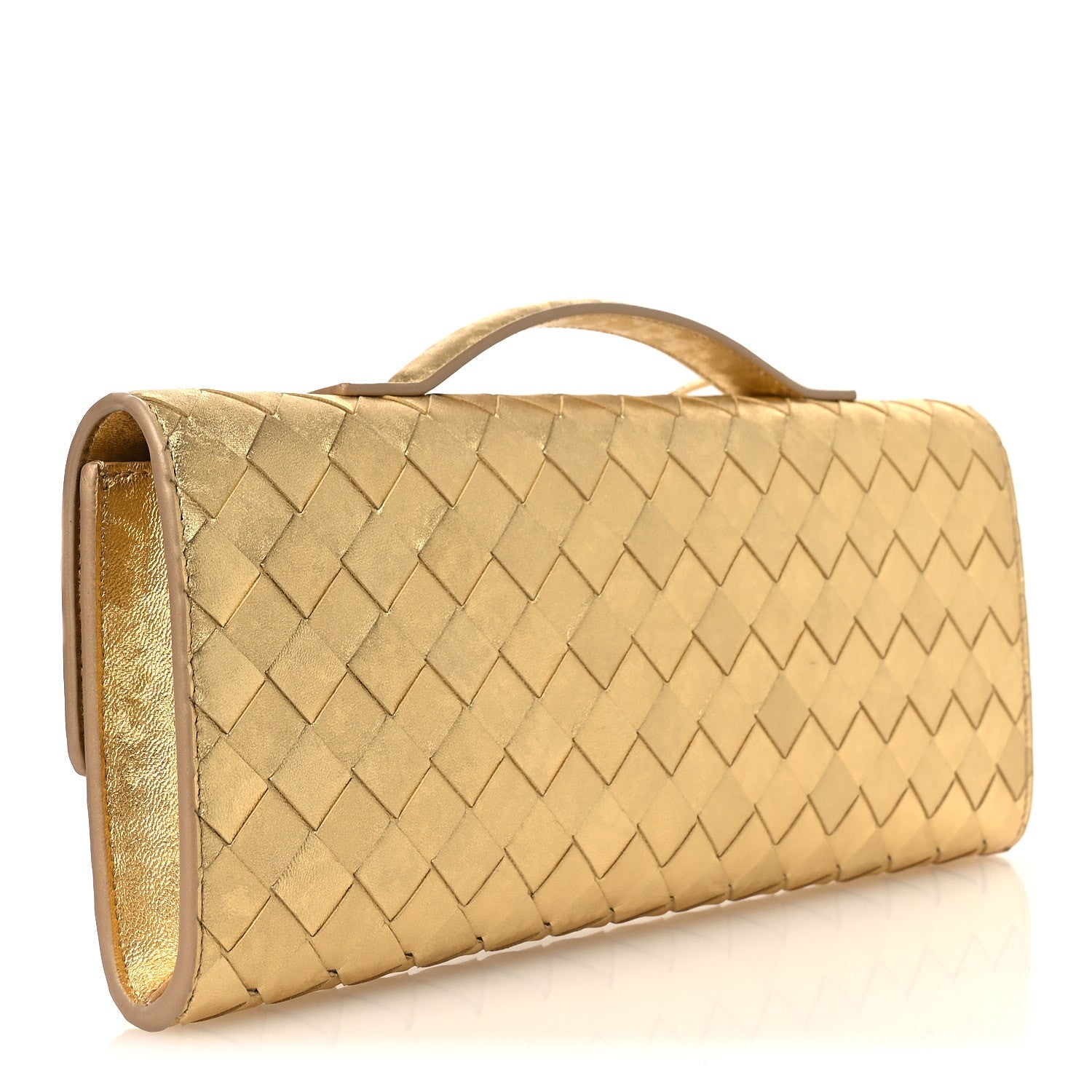 Metallic Satin Lambskin Intrecciato Long Andiamo Top Handle Clutch Gold