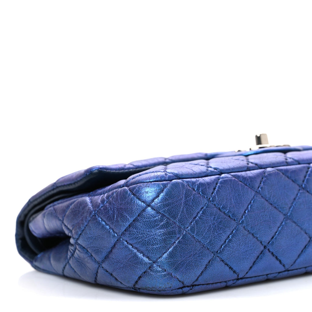 Metallic Lambskin Quilted Medium Double Flap Turquoise