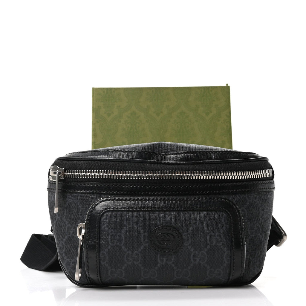 GG Supreme Monogram Textured Calfskin Retro Interlocking G Belt Bag Black