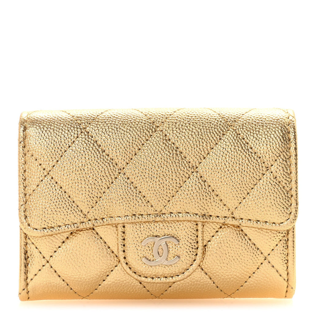 Metallic Caviar Quilted Flap  Holder Wallet Gold