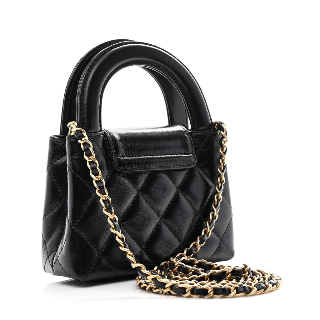 Shiny Aged Calfskin Quilted Mini Nano Kelly Shopper Black