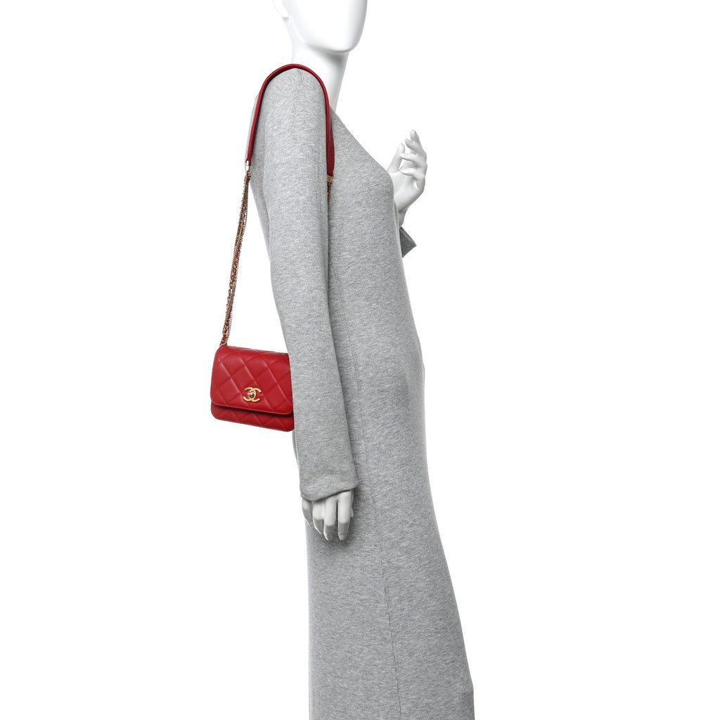 Lambskin Quilted Small Multiple Chain Flap Red