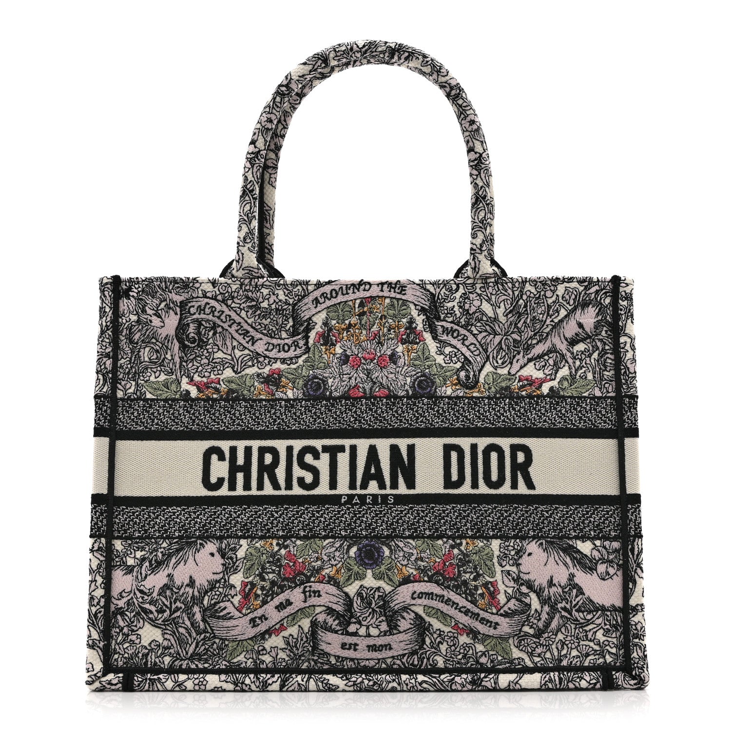 Canvas Embroidered Medium Book Tote White Multicolor