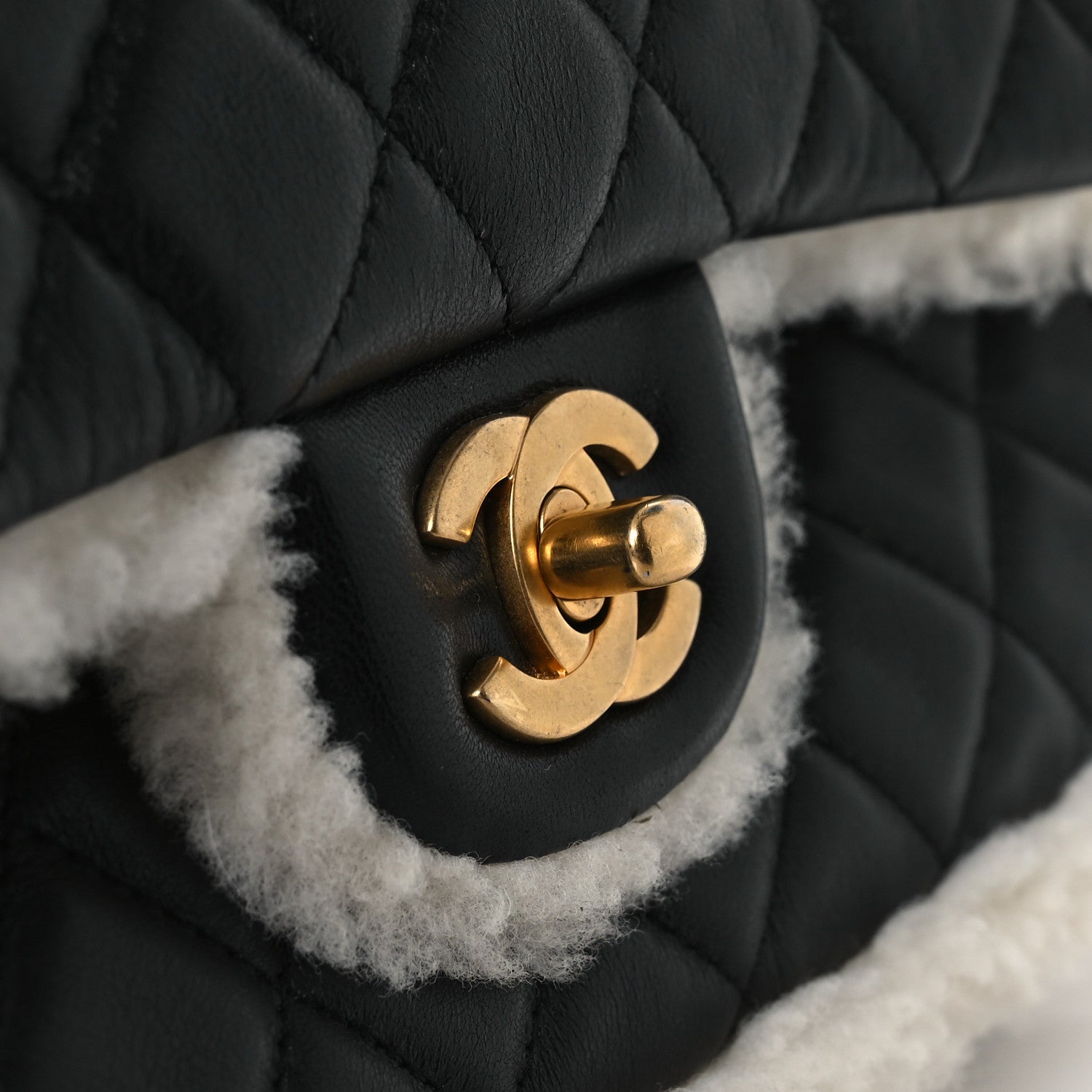 Lambskin Shearling Large CC Flap Bag Black White