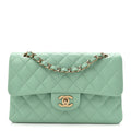 Caviar Quilted Small Double Flap Light Green