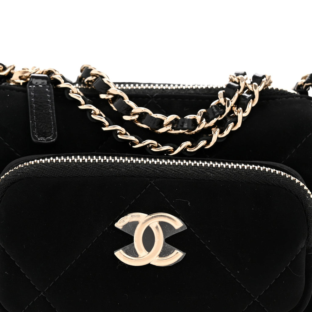 Velvet Effect Nylon Shiny Crumpled Calfskin Mini Quilted Chanel 25 Clutch With Chain Black