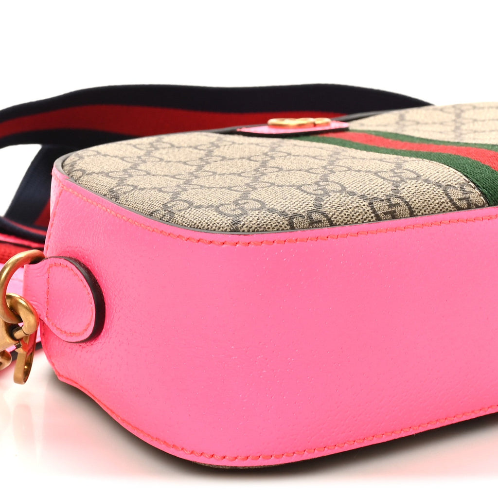 GG Supreme Monogram Textured Dollar Calfskin Web Ophidia Small Crossbody Bag Beige Ebony Fuchsia