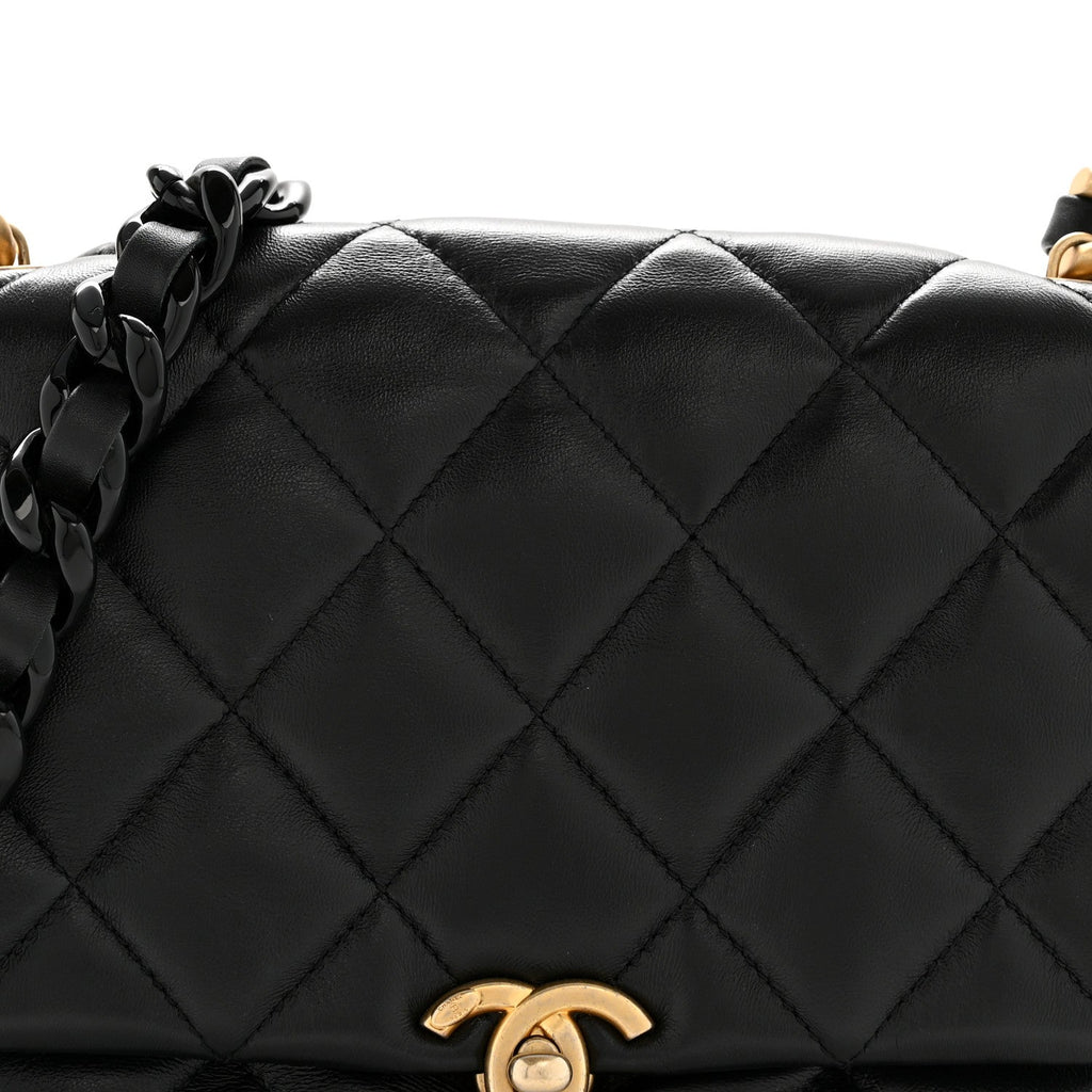 Lambskin Quilted Small Lacquered Chain Flap Black
