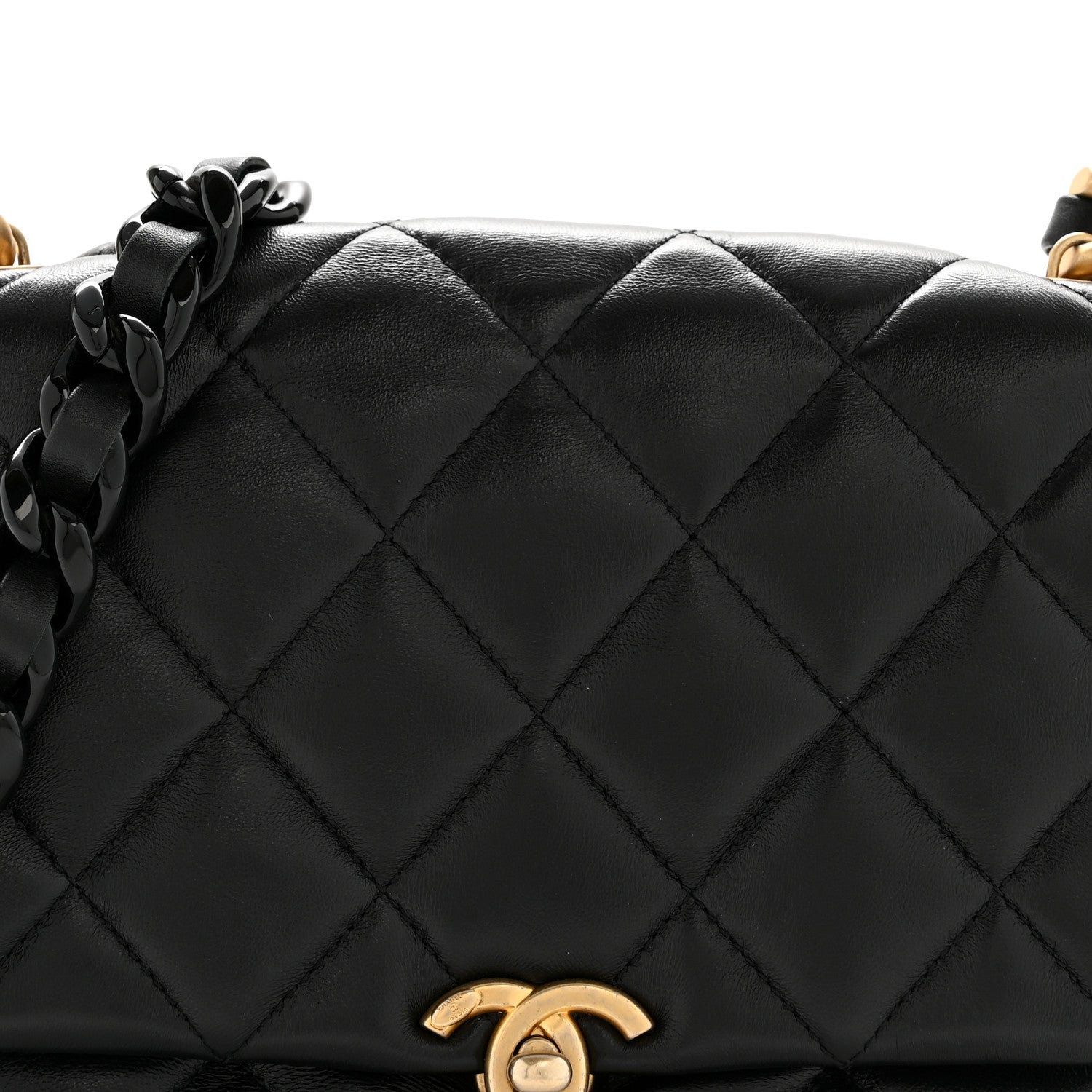 Lambskin Quilted Small Lacquered Chain Flap Black