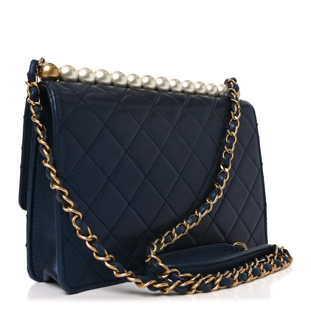 Iridescent Lambskin Quilted Small Chic Pearls Flap Blue