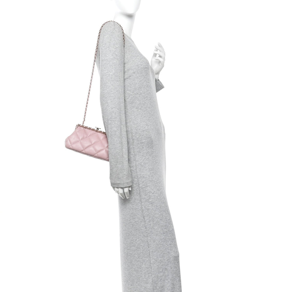 Lambskin Quilted Chain Frame Clutch Pink