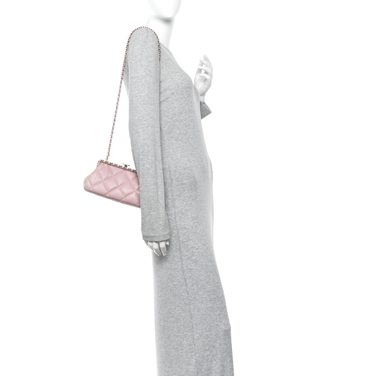 Lambskin Quilted Chain Frame Clutch Pink