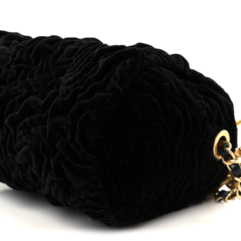 Velvet Camellia Embossed Barrel Clutch With Chain  Black