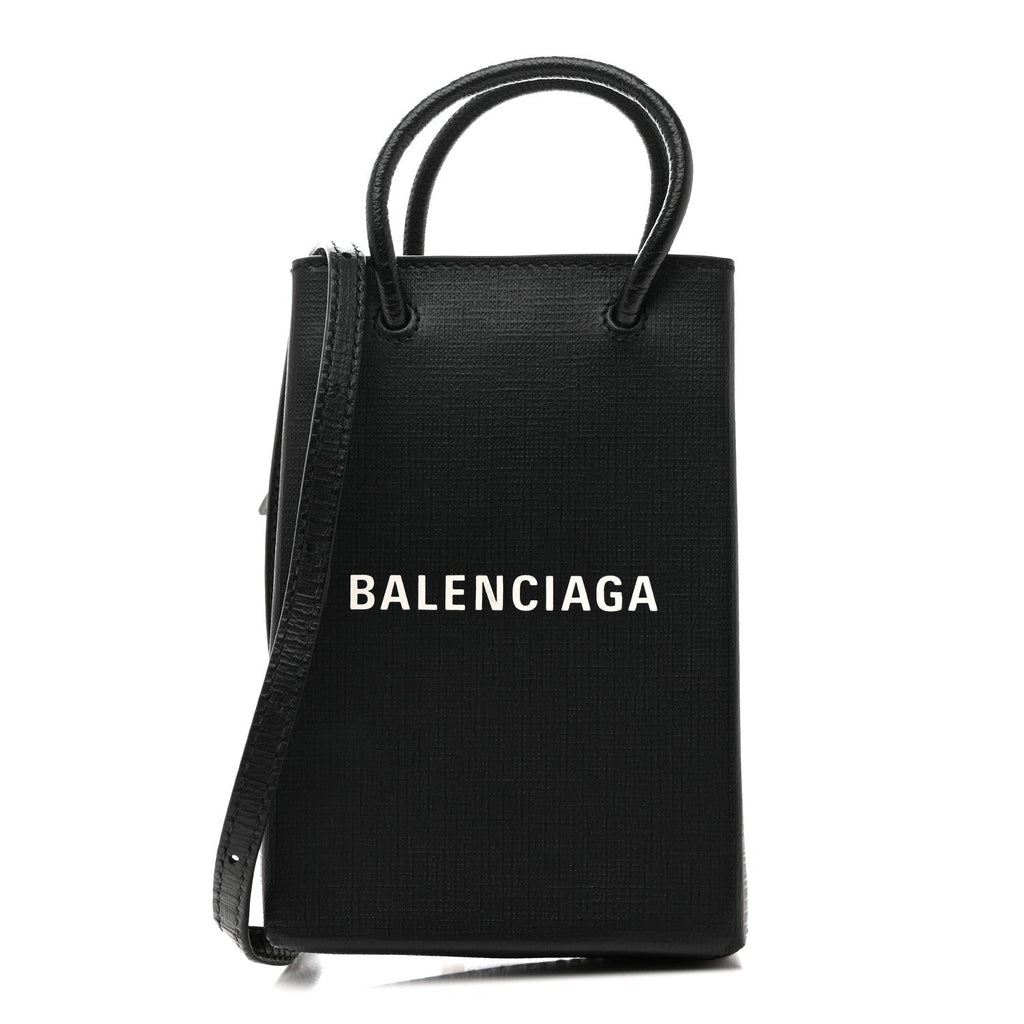 Squared Calfskin Logo Shopping Phone Holder Bag Black