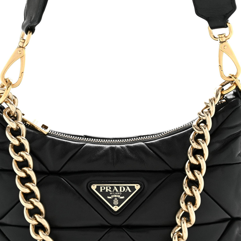 Nappa Re-Nylon Triangle Quilted Patchwork System Shoulder Bag Black