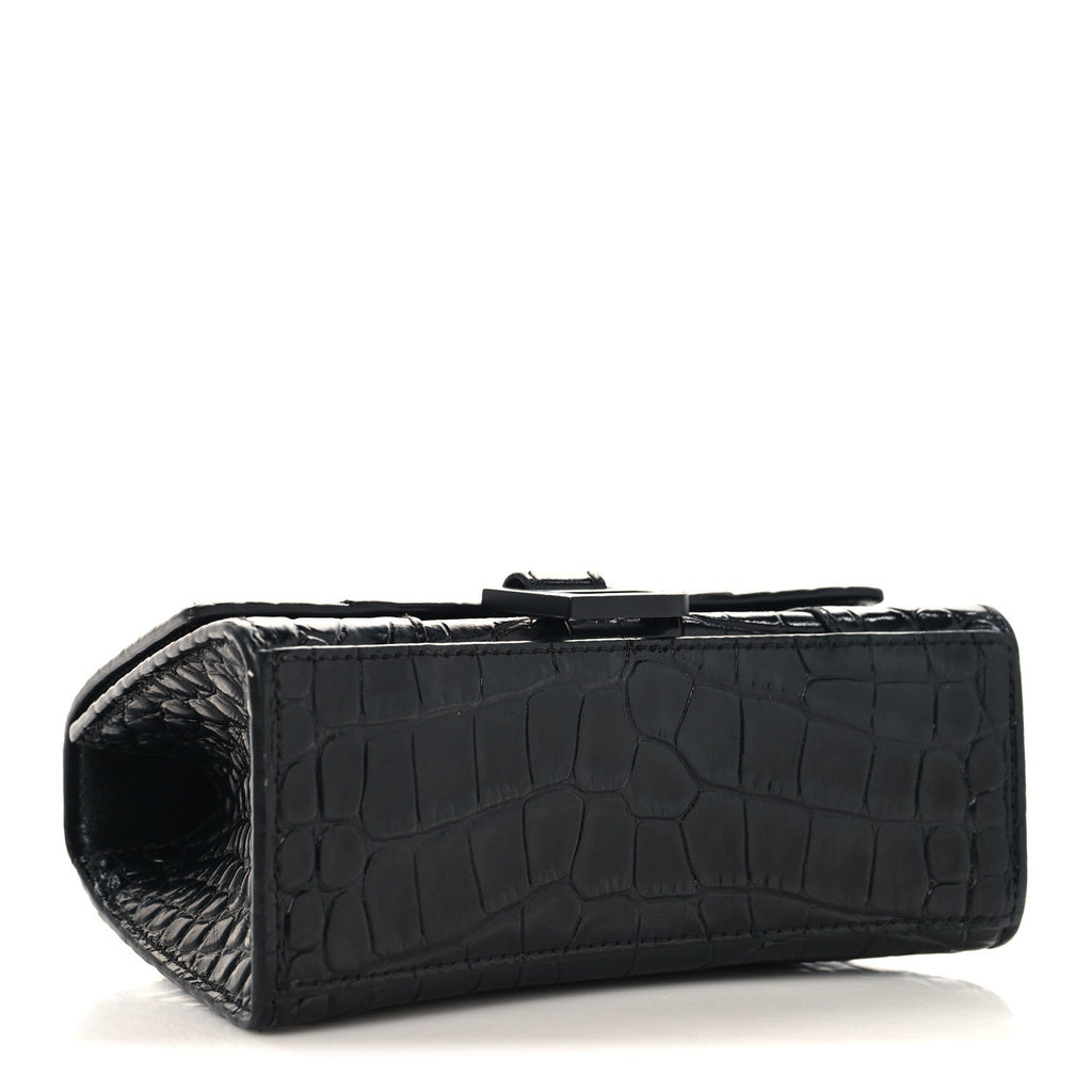 Shiny Calfskin Monochrome Crocodile Embossed Small Hourglass Top Handle Bag Black