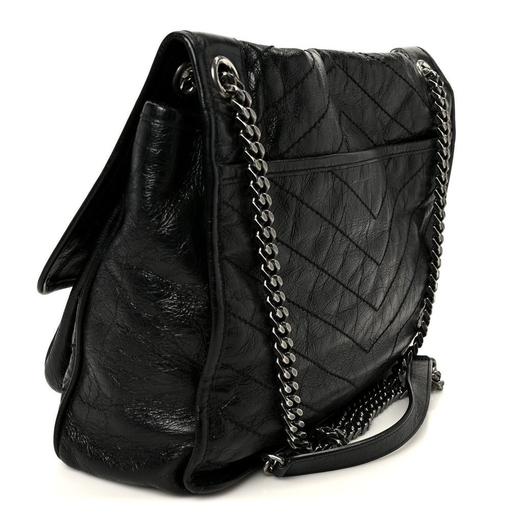 Crinkled Calfskin Matelasse Monogram Large Niki Chain Satchel Black