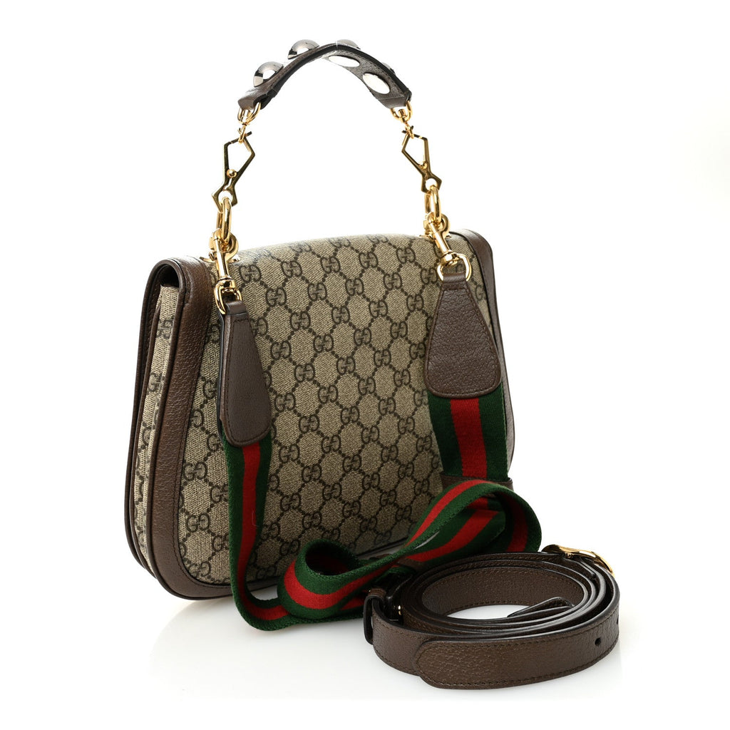 GG Supreme Monogram Textured Dollar Calfskin Web Medium Blondie Top Handle Shoulder Flap Bag Beige Ebony New Acero