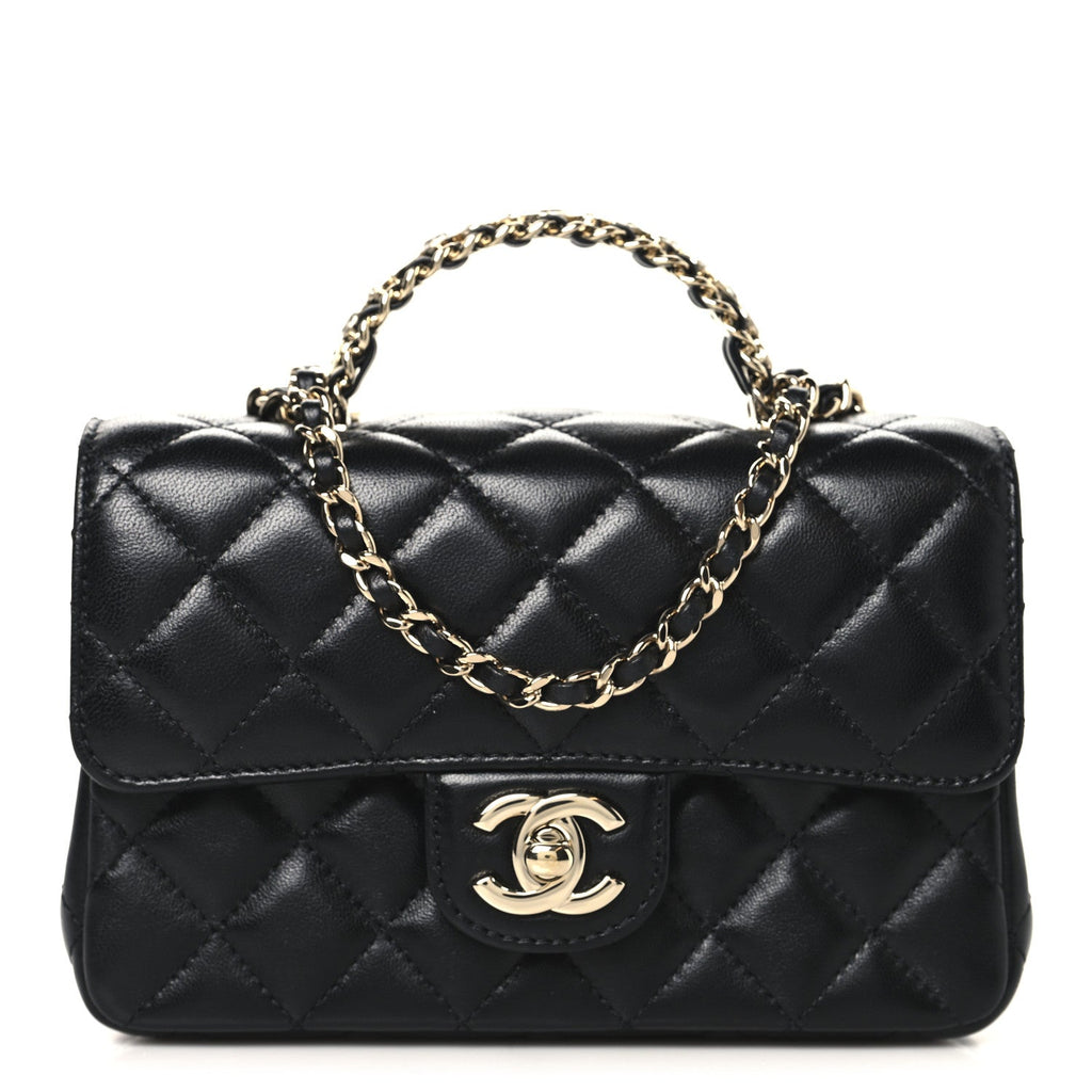Lambskin Quilted Mini Crystal Top Handle Rectangular Flap Black