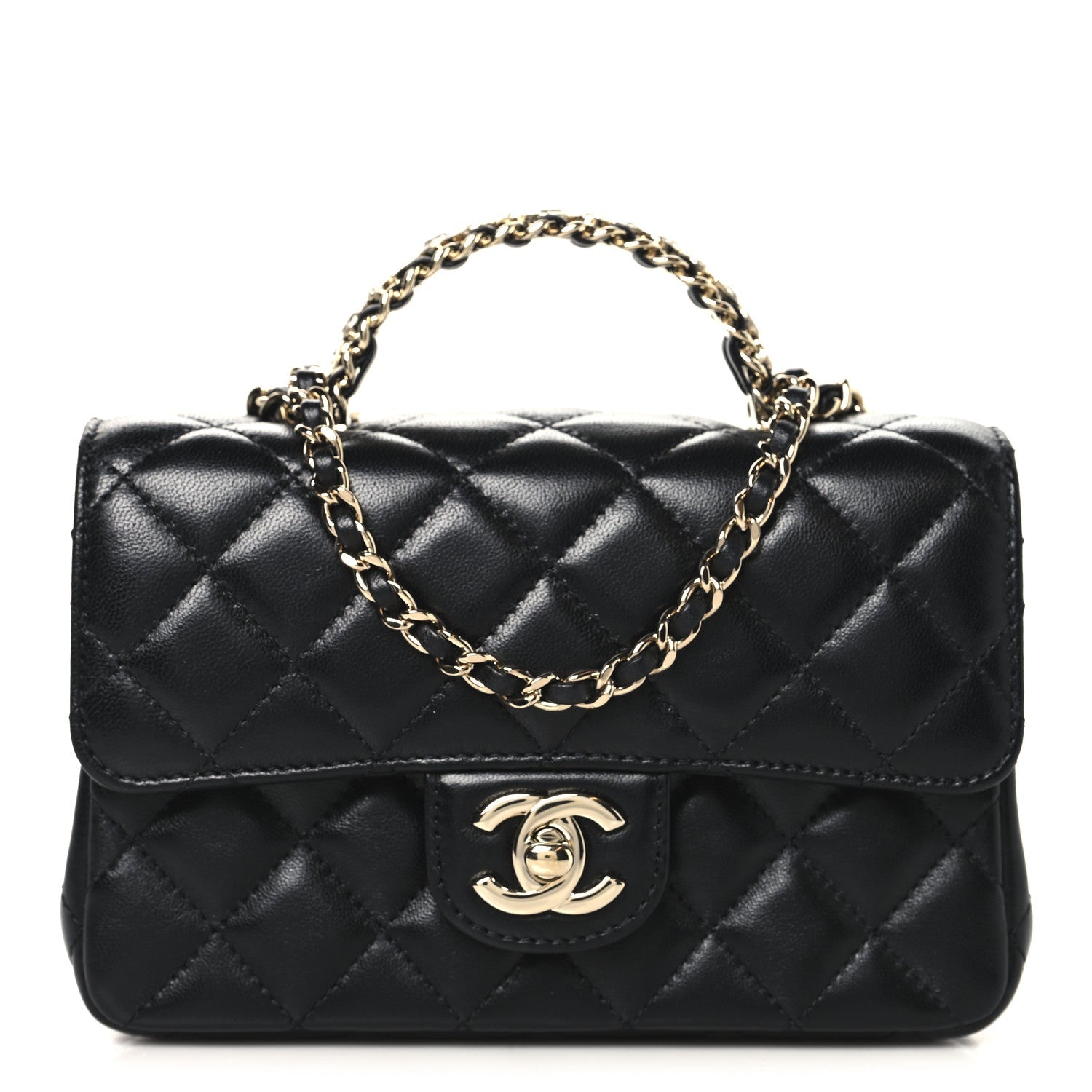 Lambskin Quilted Mini Crystal Top Handle Rectangular Flap Black