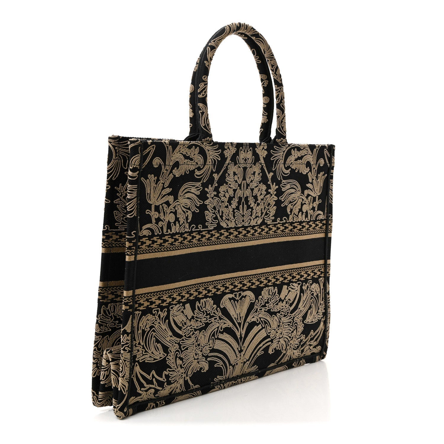 Canvas Embroidered Large Ornamental Cornely Effect Book Tote Black Beige