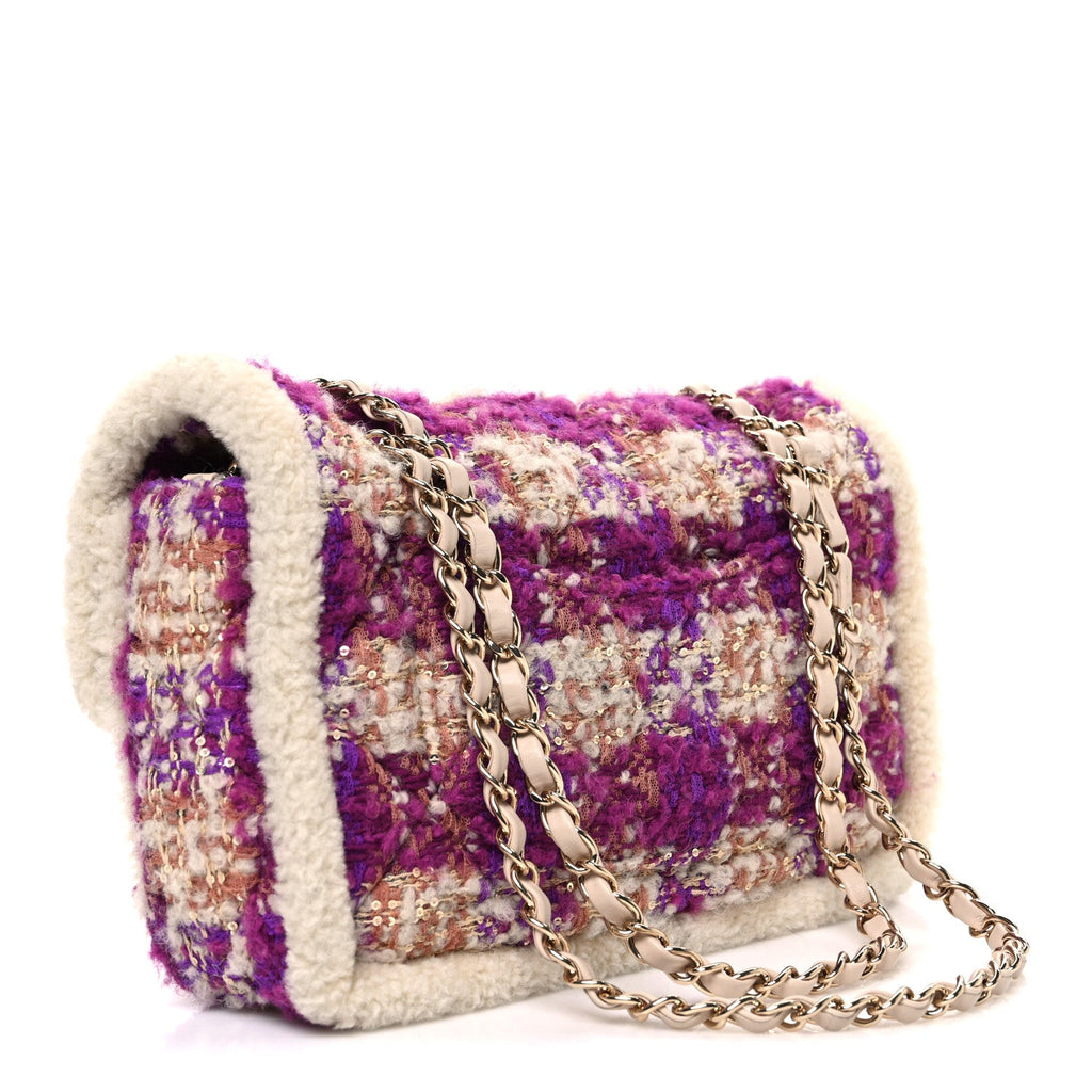 Tweed Shearling Large Flap Bag Purple Beige