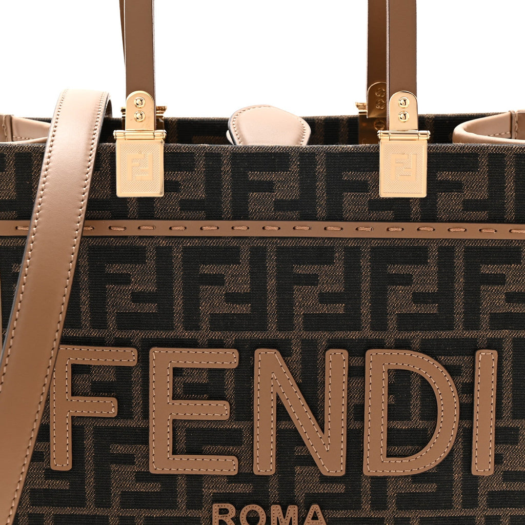 Fabric Jacquard FF 1974 Logo Small Fendi Sunshine Shopper Tote Tobacco Moro Sand