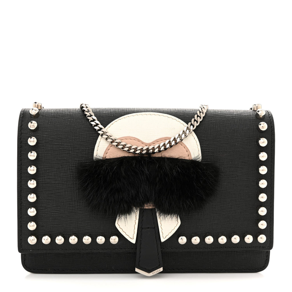 Vitello Elite Mink Fur Studded Karlito Tube Wallet on Chain Black