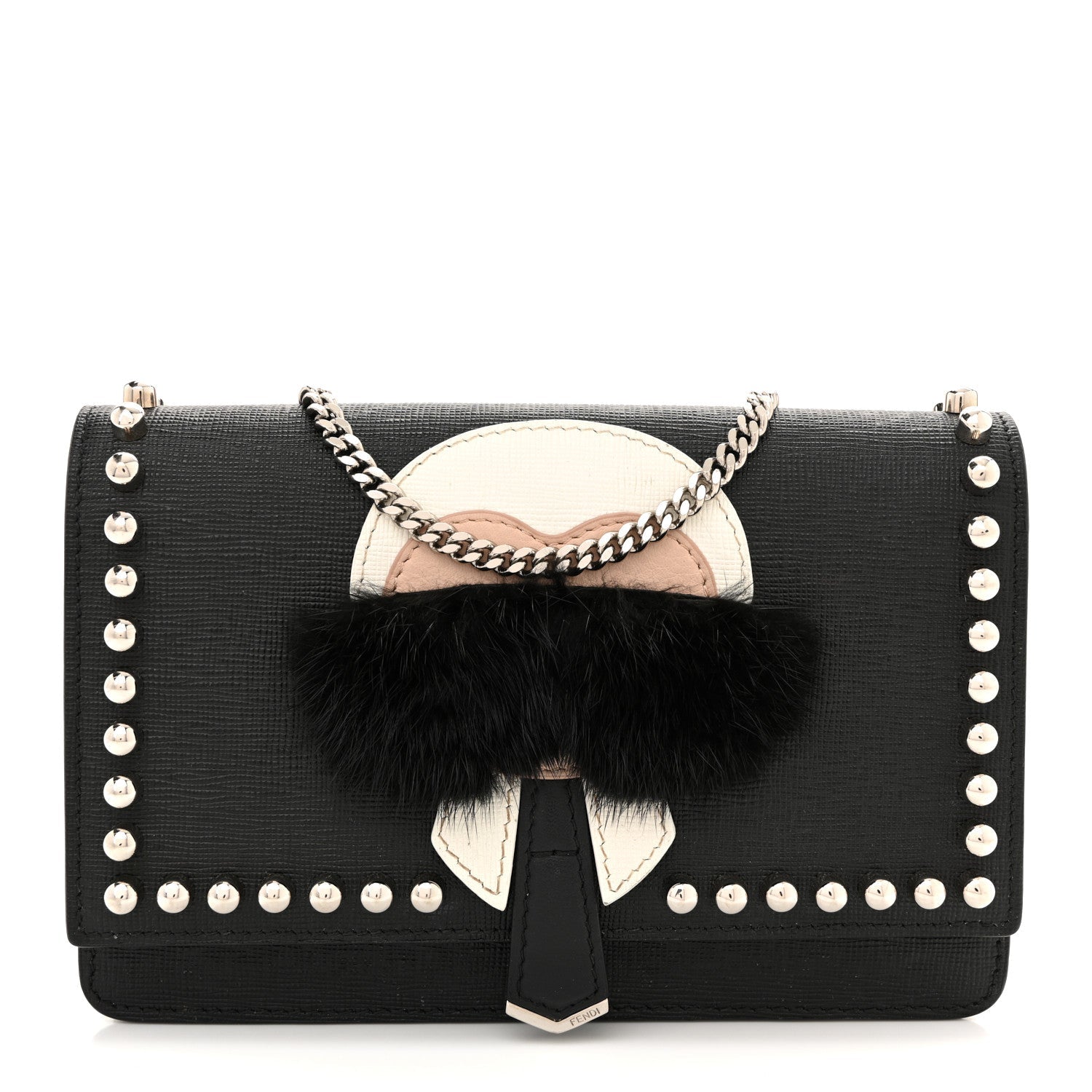 Vitello Elite Mink Fur Studded Karlito Tube Wallet on Chain Black