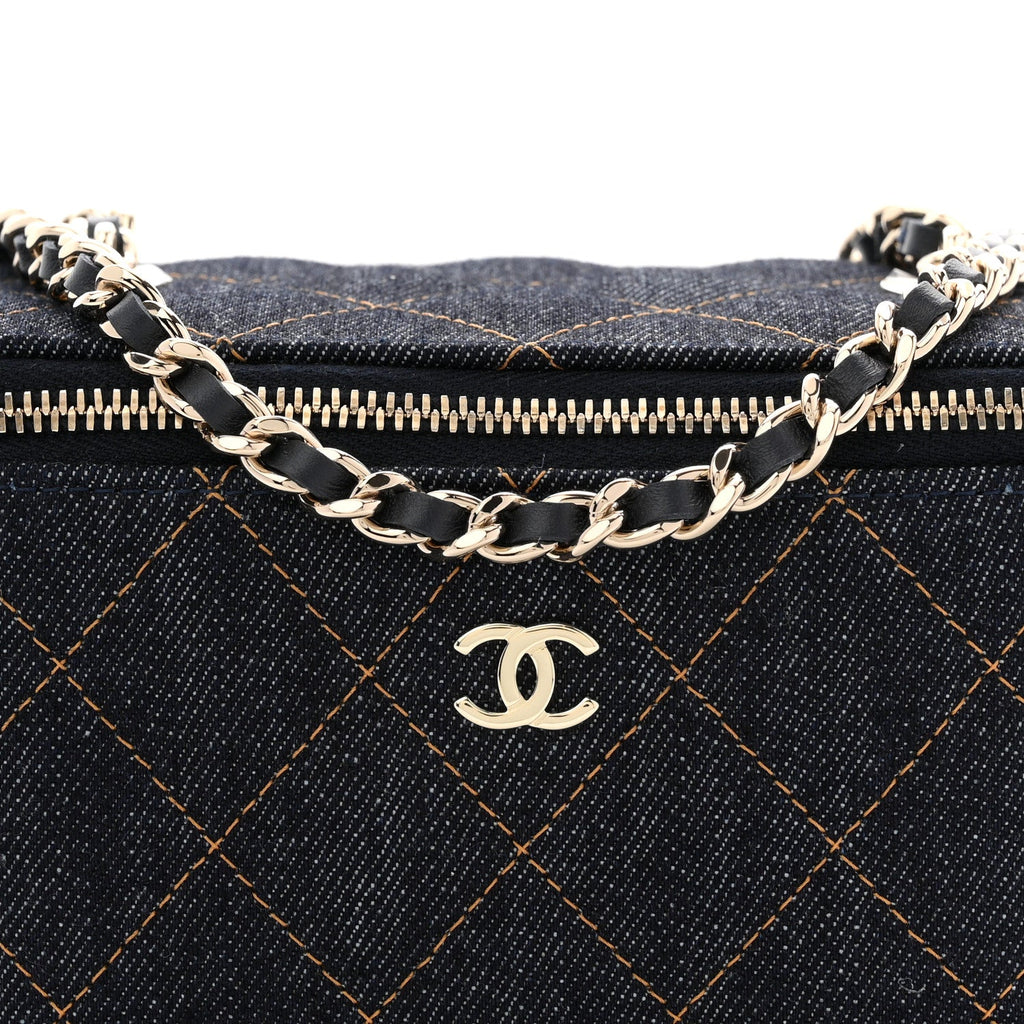 Denim Quilted Vanity Case With Chain Dark Blue