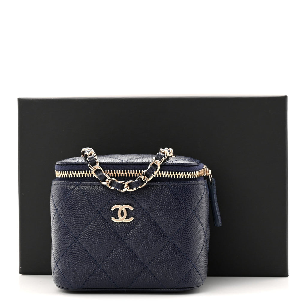 Caviar Quilted Mini Vanity Case With Chain Navy Blue