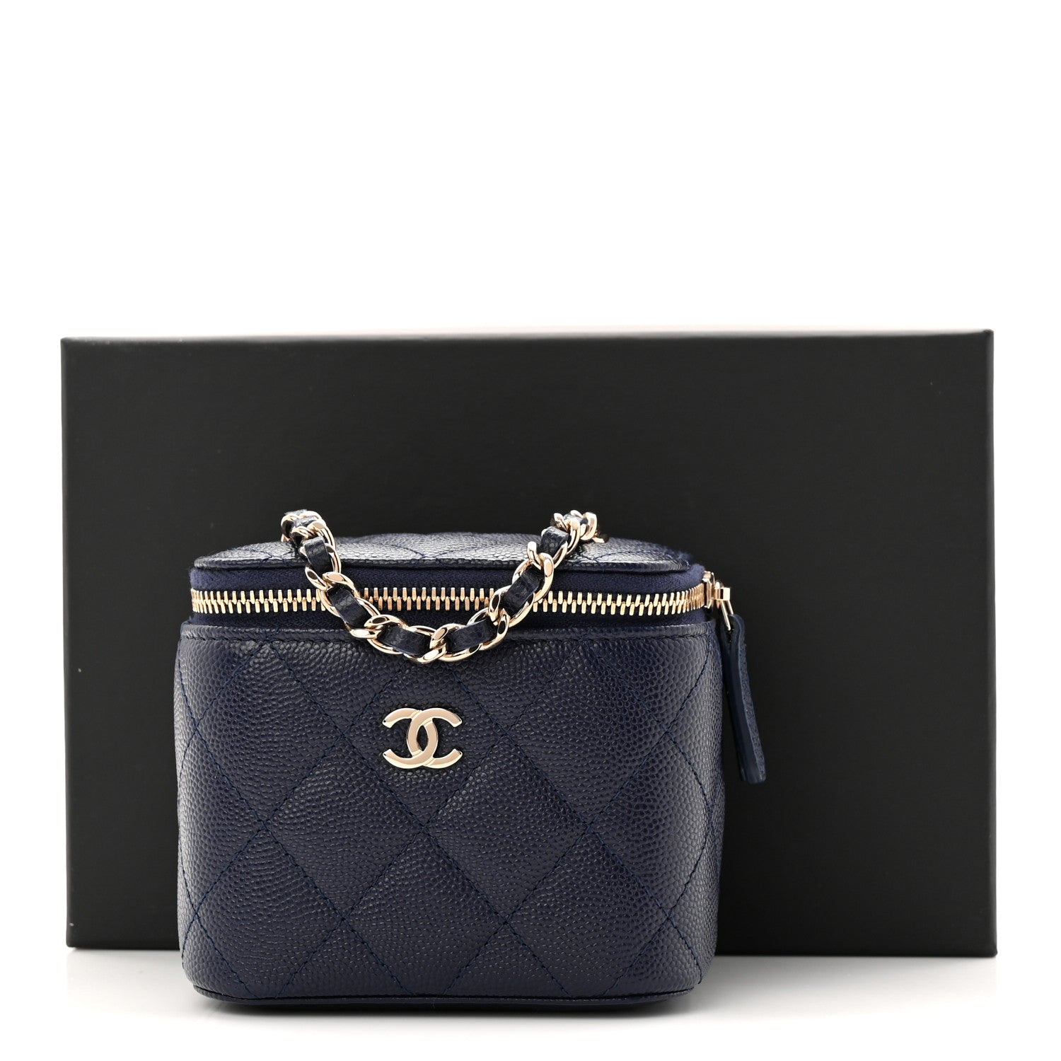 Caviar Quilted Mini Vanity Case With Chain Navy Blue