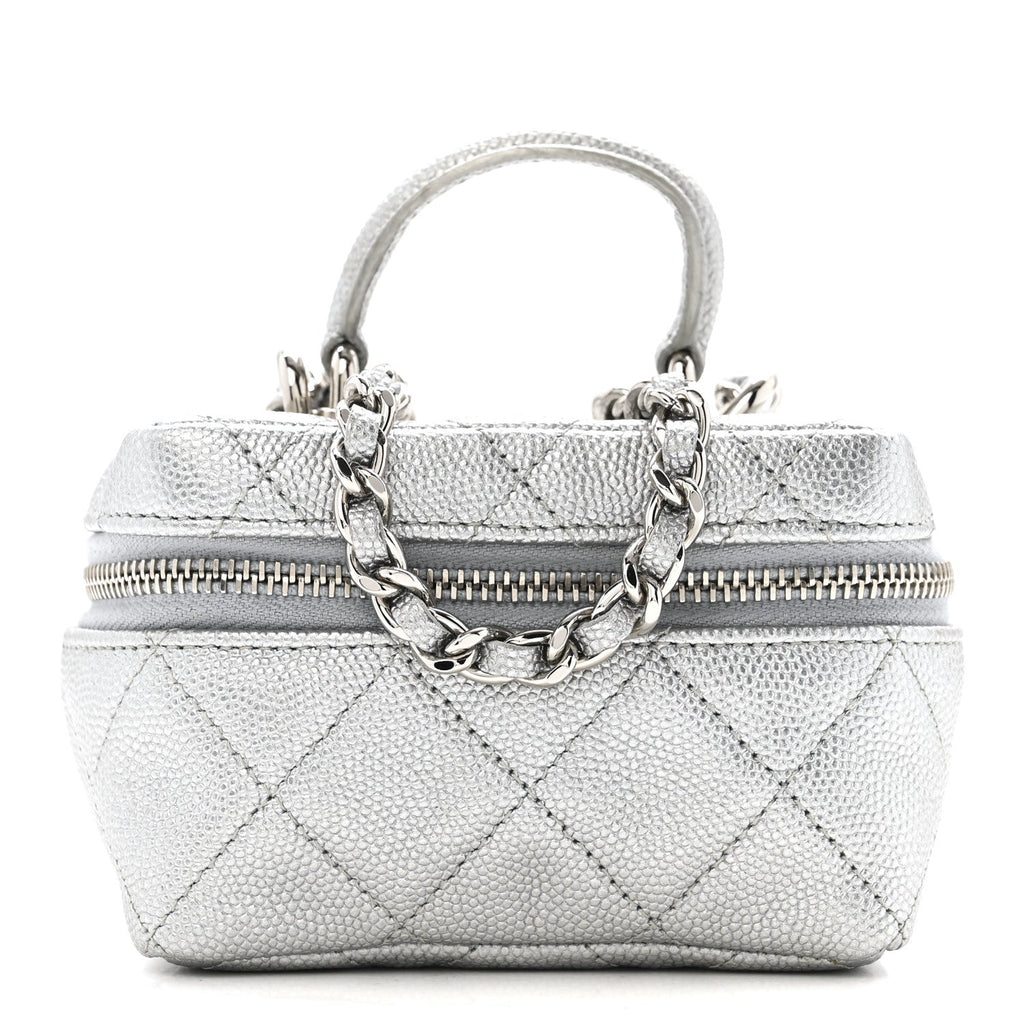 Metallic Caviar Quilted Mini Top Handle Vanity With Chain Silver