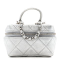 Metallic Caviar Quilted Mini Top Handle Vanity With Chain Silver