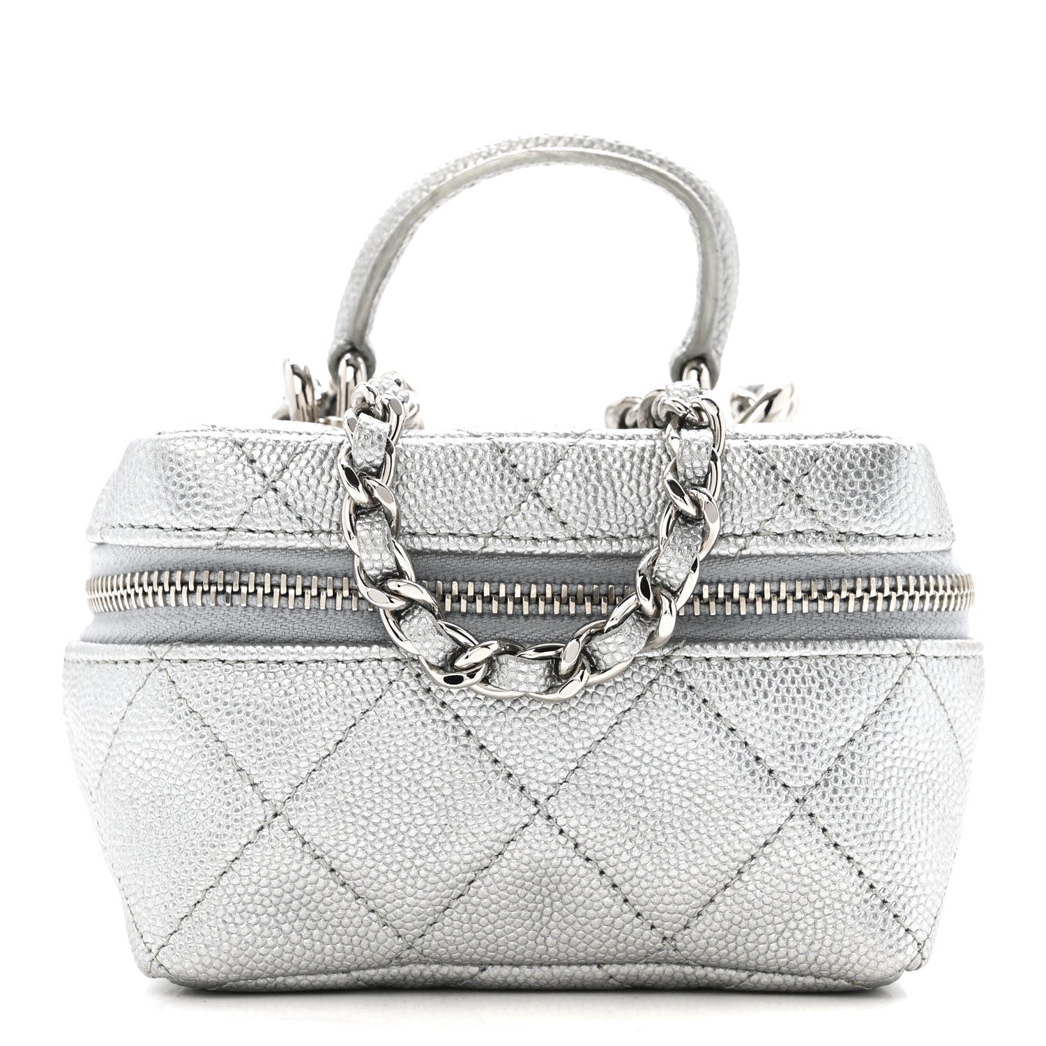 Metallic Caviar Quilted Mini Top Handle Vanity With Chain Silver