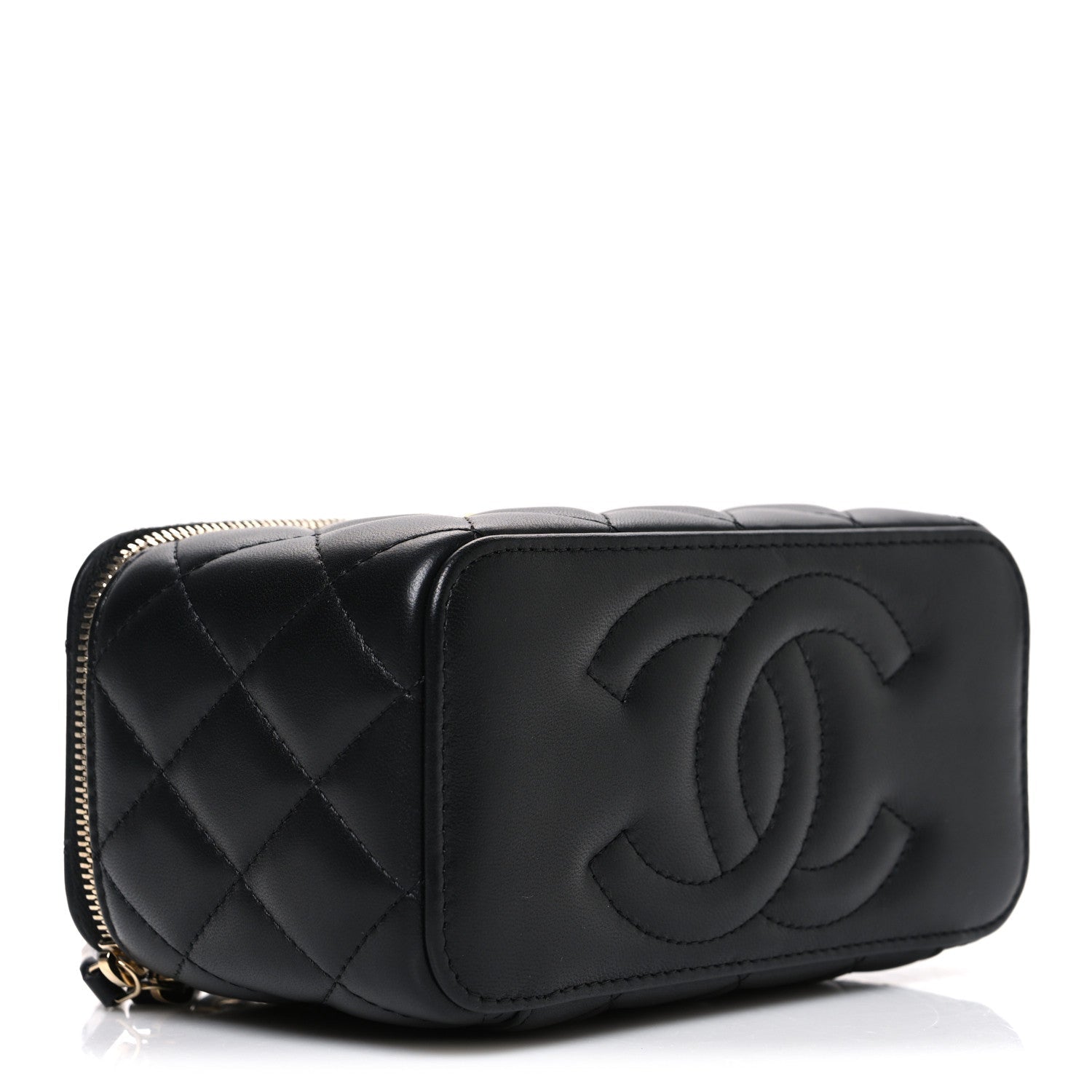 Lambskin Quilted Pearl Crush Small Vanity Case With Chain Black
