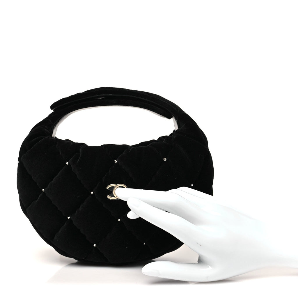 Velvet Diamanté Quilted Pocket Pouch Hobo Black