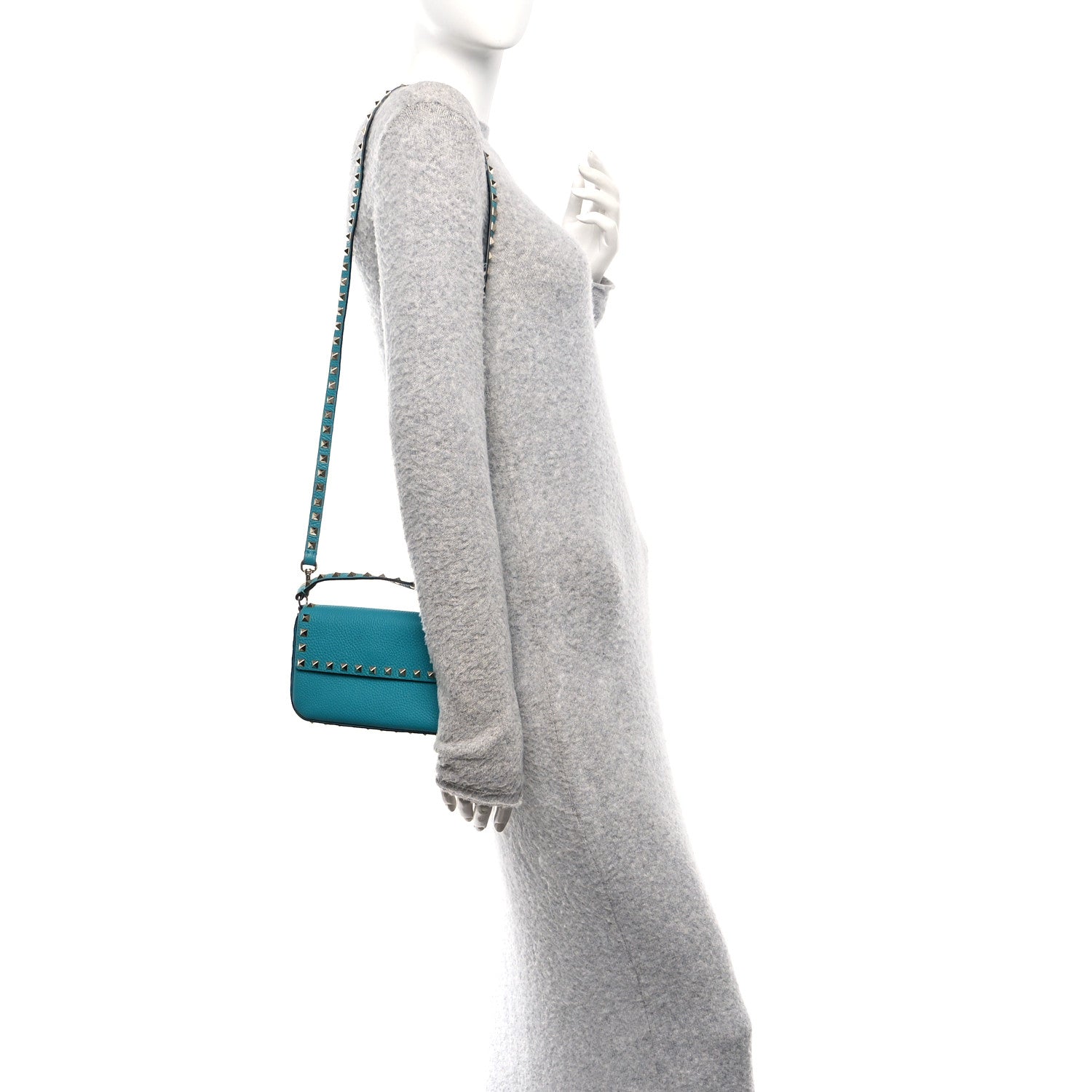 Grainy Calfskin Rockstud Crossbody Pouch Ultra Marine Green
