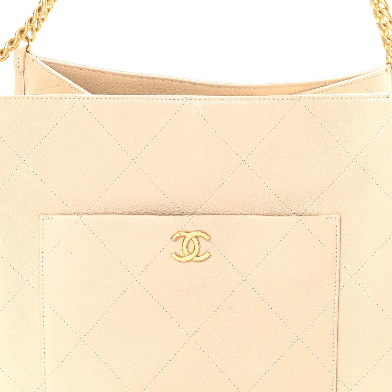 Caviar Stitched Pocket CC Large Tote Light Beige