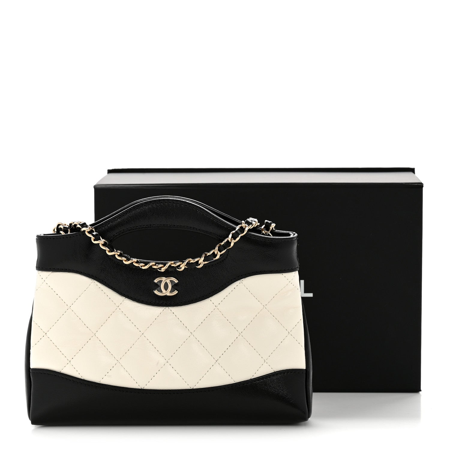 Shiny Crumpled Calfskin Quilted Nano 31 Shopping Bag White Black