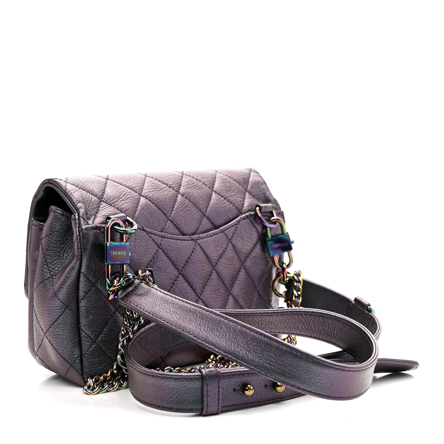 Iridescent Goatskin Quilted Small Double Carry Waist Chain Flap Purple