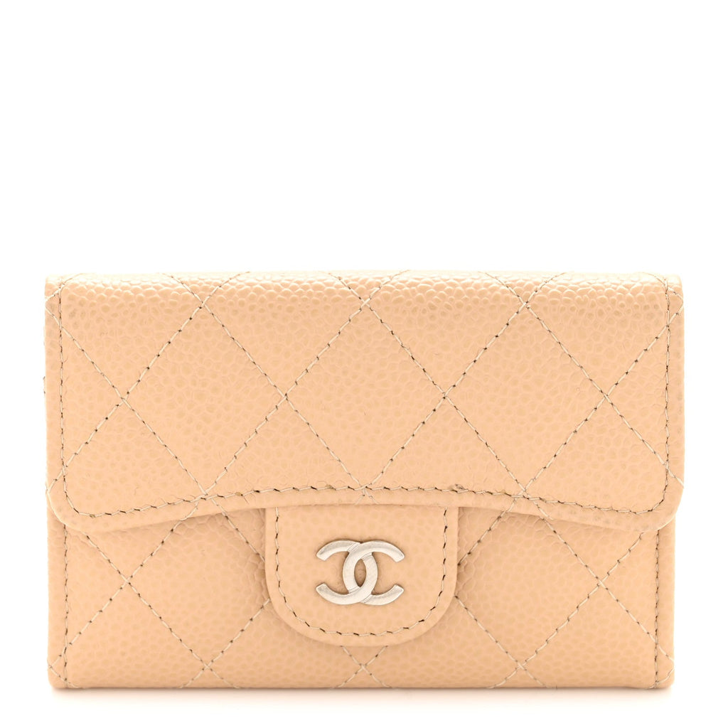 Caviar Quilted Flap  Holder Wallet Beige