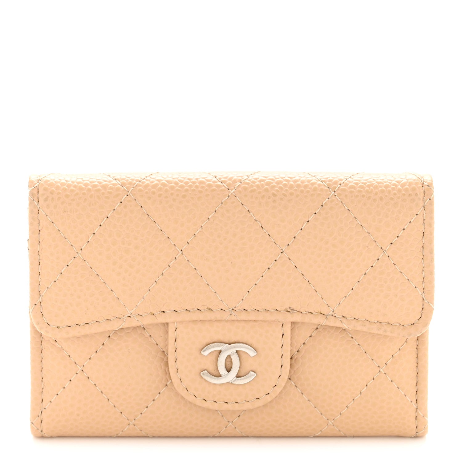 Caviar Quilted Flap  Holder Wallet Beige