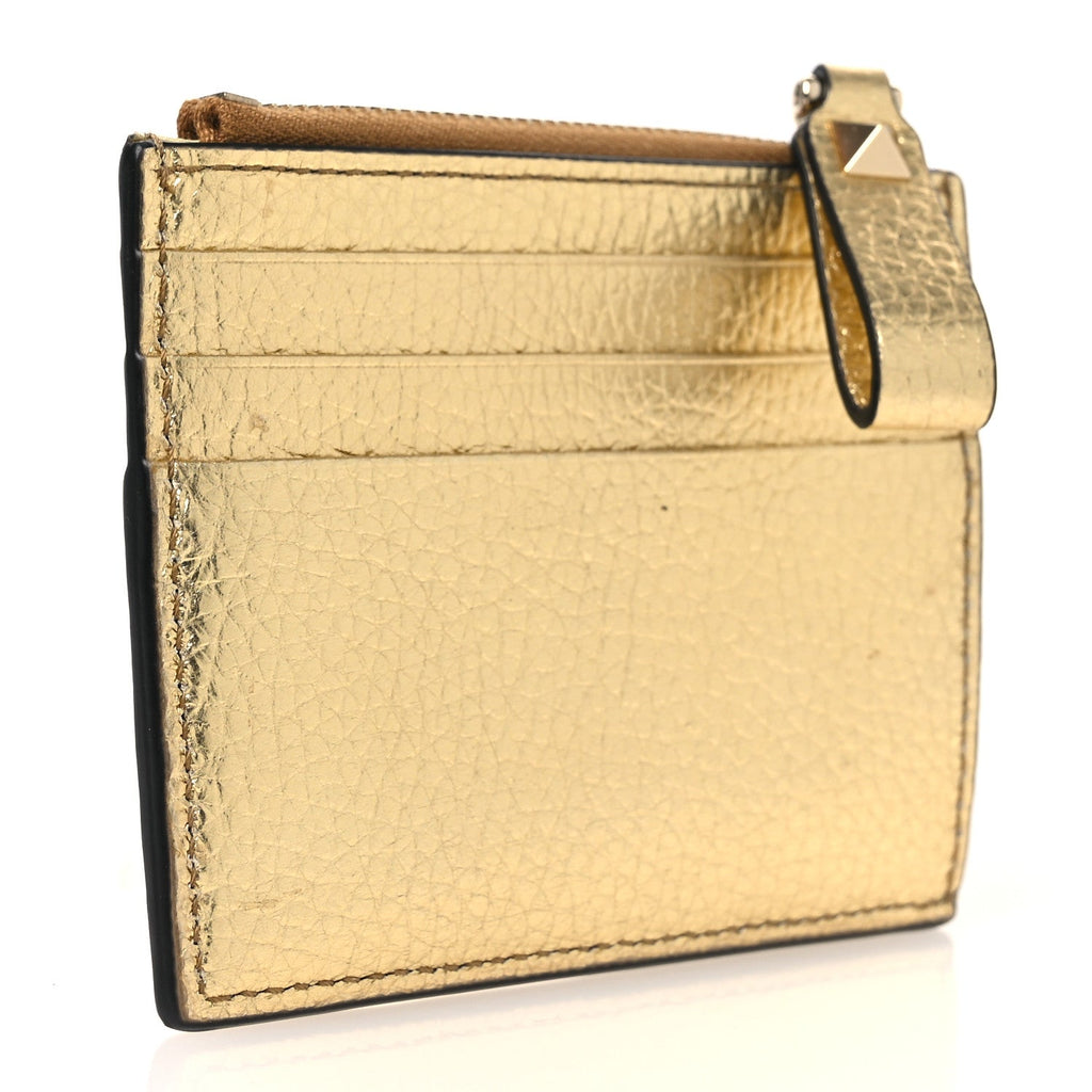 Metallic Pebbled Calfskin Rockstud  Holder With Zipper Gold