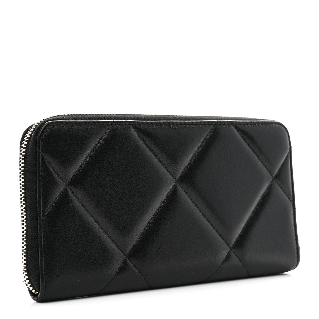 Shiny Goatskin Quilted Chanel 19 Long Zipped Around Wallet Black
