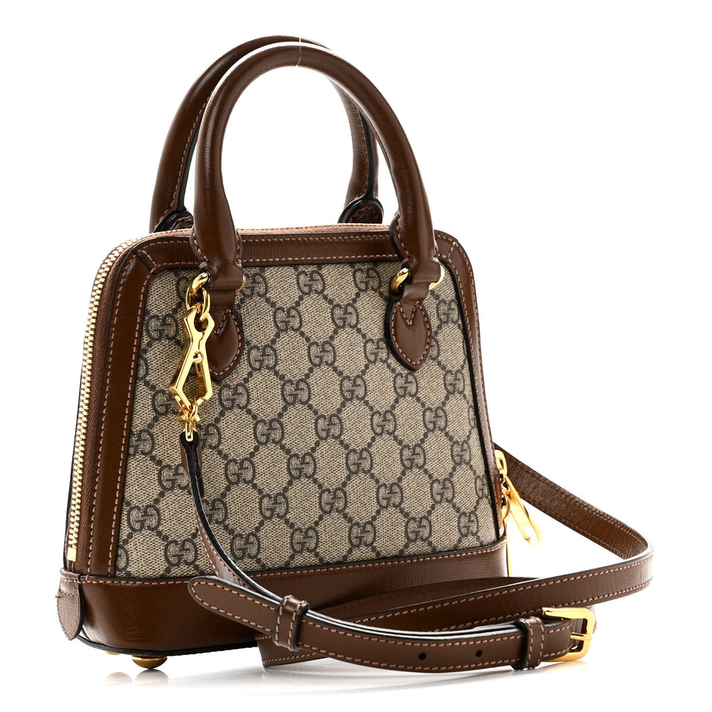 GG Supreme Monogram Azalea Calfskin Mini Horsebit 1955 Top Handle Bag Beige Ebony Brown Sugar
