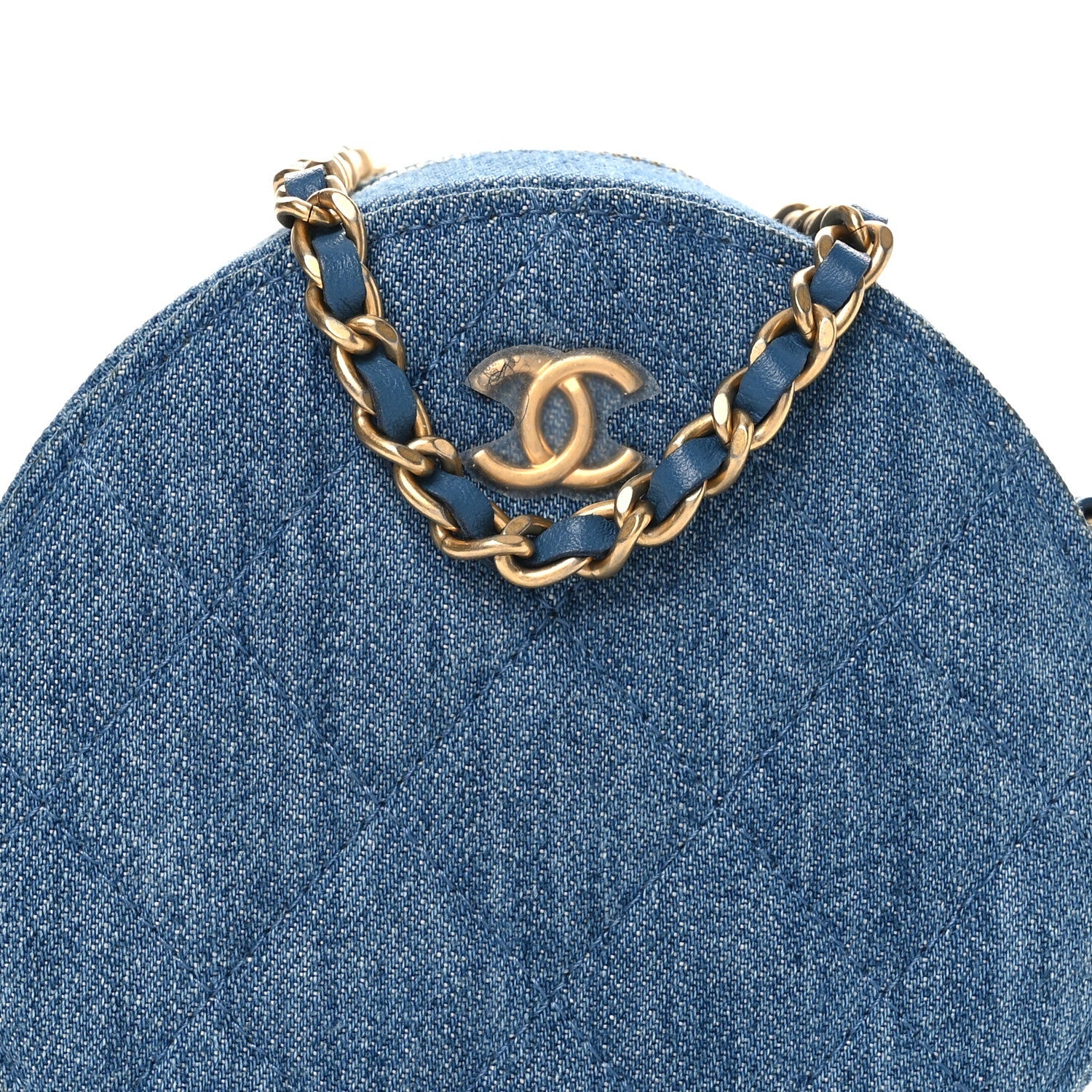 Denim Quilted Round Pearl Crush Clutch With Chain Blue